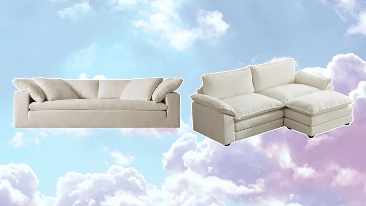 The Cloud Couch dupe (right) in white next to the original on a cloudy pink and blue sky background