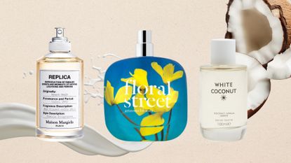 A collage of coconut perfumes from Maison Margiela, Floral Street and Marks and Spencer, on a beige background with a milk spill and a stock image of an open coconut.