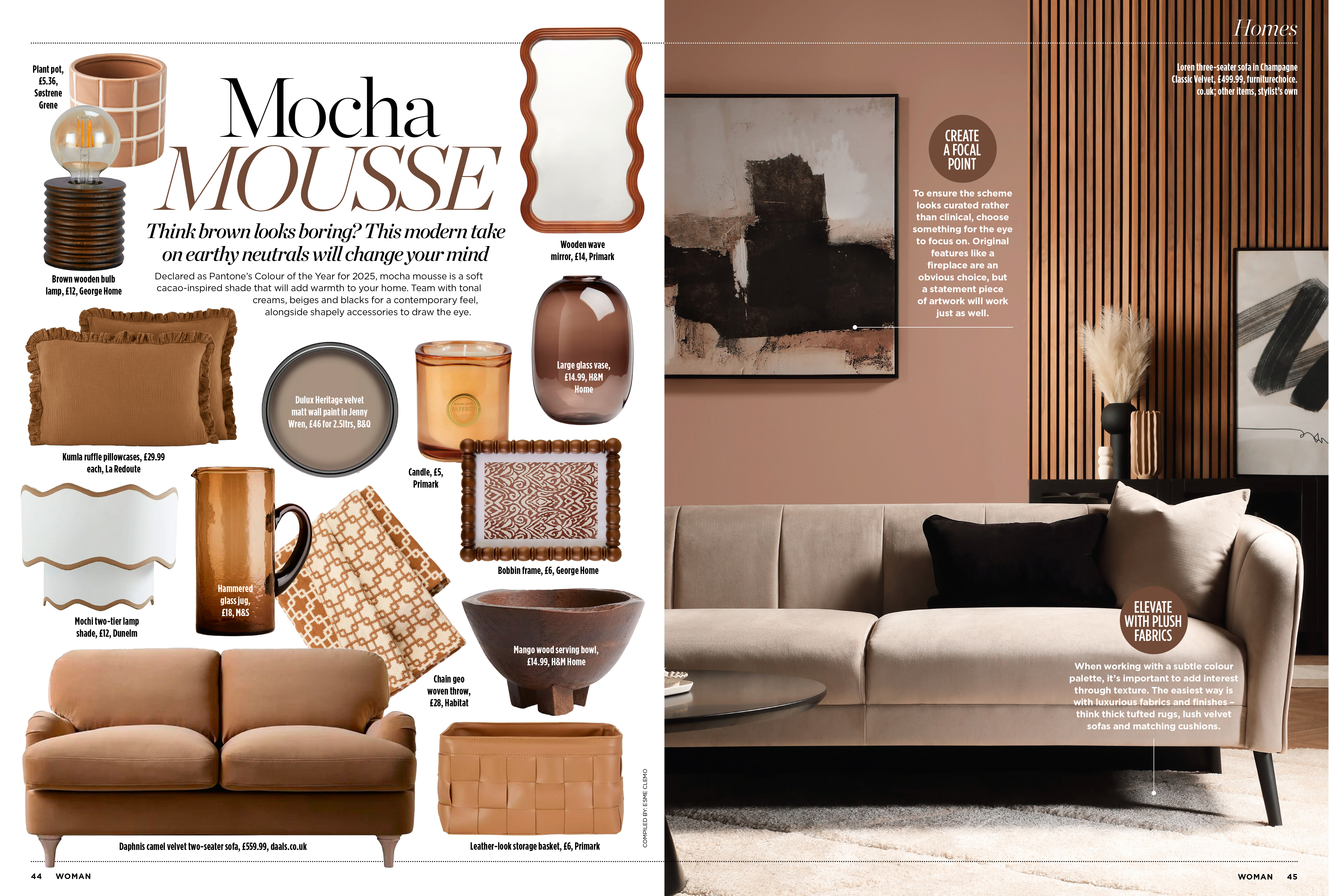 Double-page spread of Woman Magazine showcasing mocha mousse-inspired products