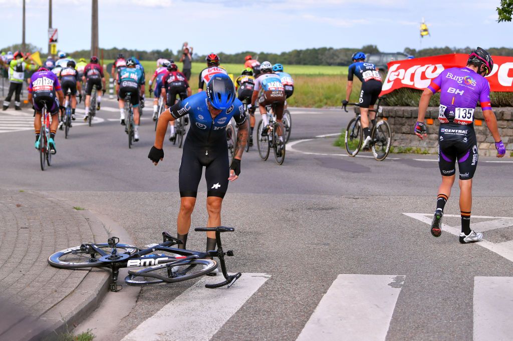 WAVRE BELGIUM AUGUST 17 Giacomo Nizzolo of Italy and NTT Pro Cycling Team Carlos Canal Blanco of Spain and Team Burgos BH Crash during the 41st Tour de Wallonie 2020 Stage 2 a 1723km stage from Frasnes Lez Anvaing to Wavre TourdeWallonie TRW2020 on August 17 2020 in Wavre Belgium Photo by Luc ClaessenGetty Images