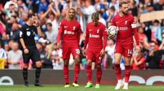 Liverpool's Joel Matip, Roberto Firmino and Jordan Henderson during Liverpool 3-3 Brighton & Hove Albion in the Premier League on 1 October, 2022 at Anfield, Liverpool, United Kingdom