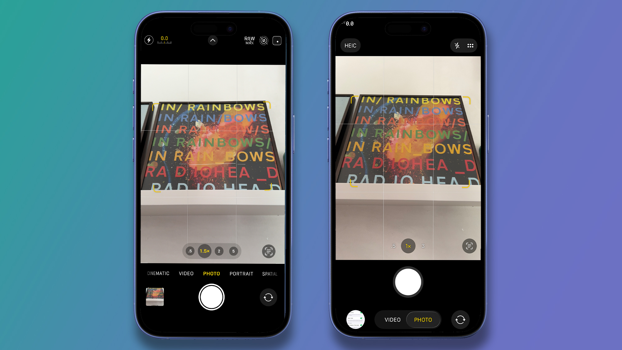Two iPhones on a green and bllue background showing the Camera apps in iOS 18 and iOS 26