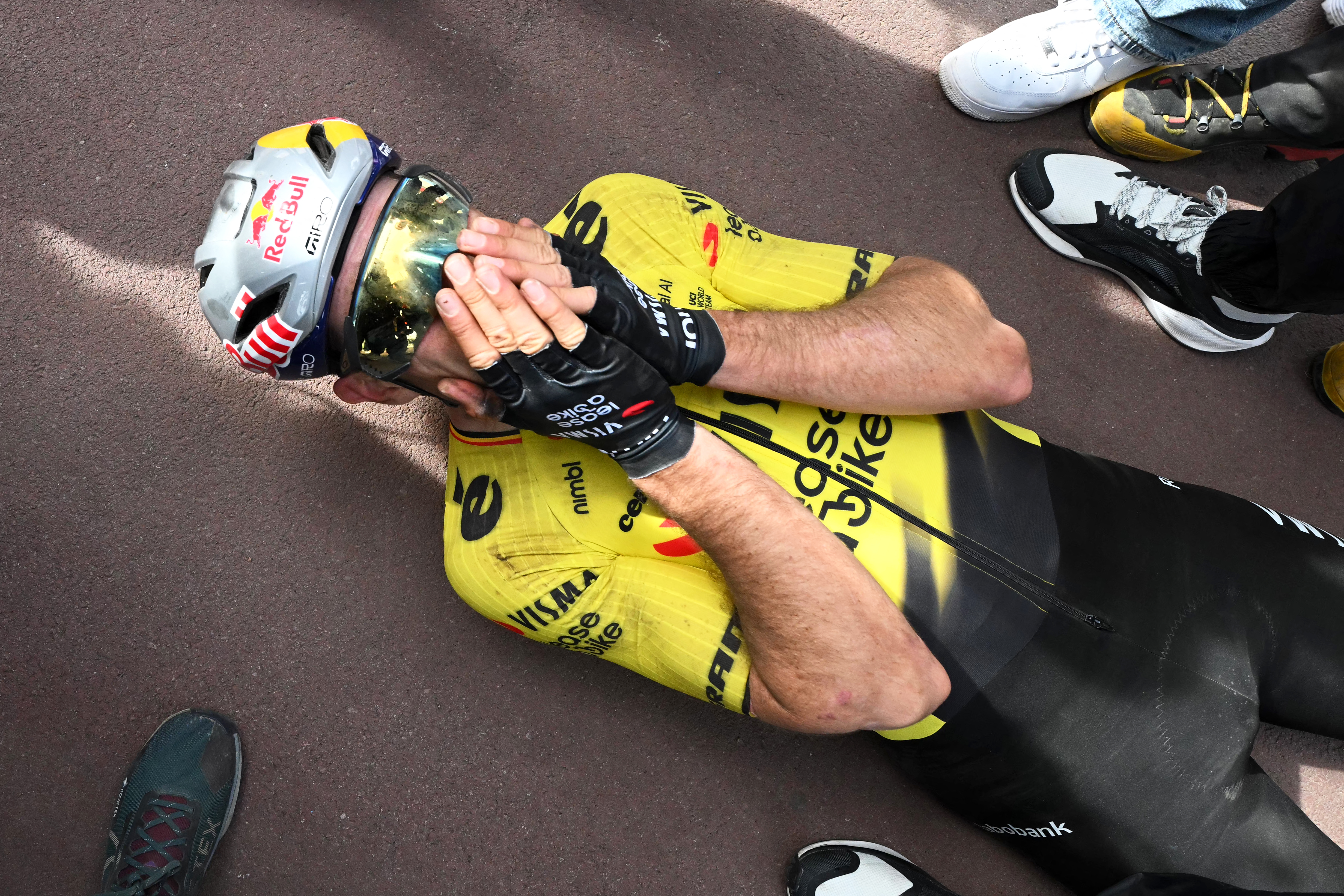 Wout van Aert celebrates at the end of the 123rd edition of Paris-Roubaix