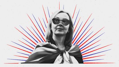 Illustration of Liz Truss dressed as a superhero with a Union Jack cape