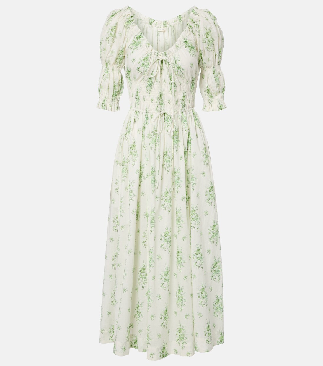 Ischia Gathered Floral Cotton Midi Dress