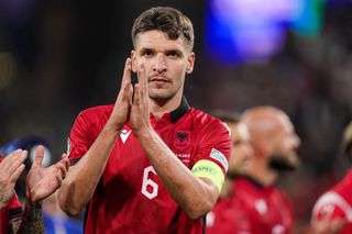 Albania Euro 2024 squad Berat Djimsiti of Albania thanks the fans during the Group B - UEFA EURO 2024 match between Italy and Albania at Signal Iduna Park on June 15, 2024 in Dortmund, Germany. (Photo by Joris Verwijst/BSR Agency/Getty Images)