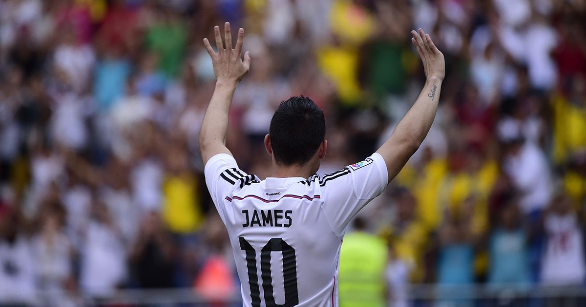 Colombian striker formerly at AS Monaco James Rodriguez acknowledges the crowd during his presentation at the Santiago Bernabeu stadium following his signing with Spanish club Real Madrid in Madrid on July 22, 2014. Spanish media said Real paid about 80 million ($108m) for Rodriguez, making him one of the most expensive players ever. Neither club gave a figure, but Monaco said it was &quot;one of the biggest transfers in football history.&quot;