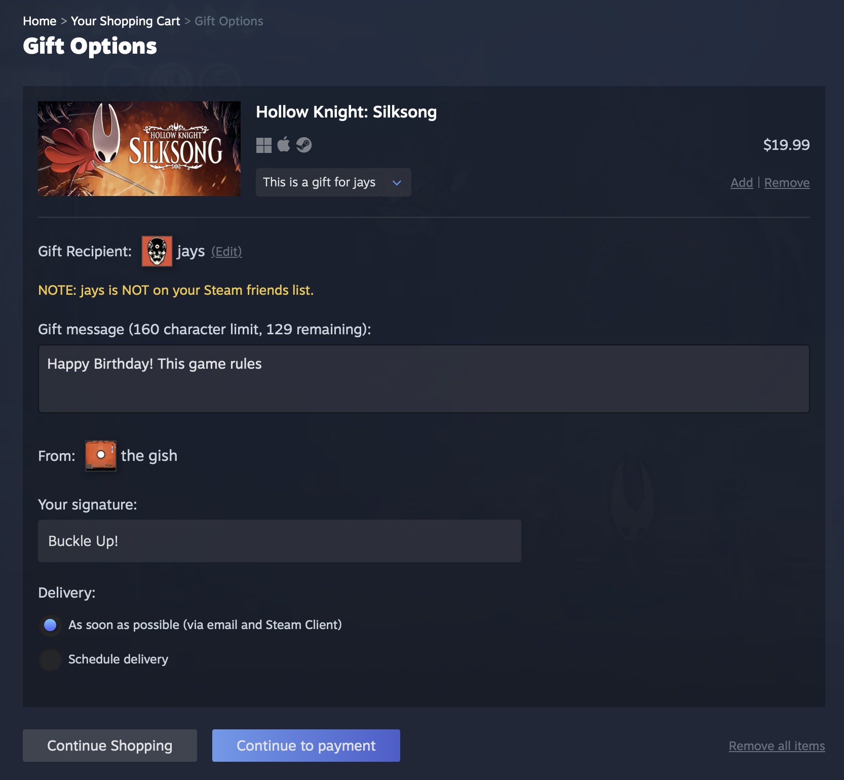 Screenshot of a Steam gift purchase page for "Hollow Knight: Silksong" priced at $19.99. A message box says "Happy Birthday!