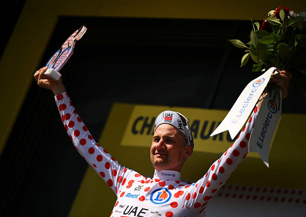 CHATEAUROUX, FRANCE - JULY 13: Tim Wellens of Belgium and UAE Team Emirates - XRG celebrates at podium as Polka dot Mountain Jersey winner during the 112th Tour de France 2025, Stage 9 a 174.1km stage from Chinon to Chateauroux ) / #UCIWT / on July 13, 2025 in Chateauroux, France.