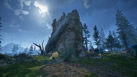 Avowed Earthly Aegis treasure map location - A scenic shot of a ruined tower surrounded by trees at night in Emerald Stair.