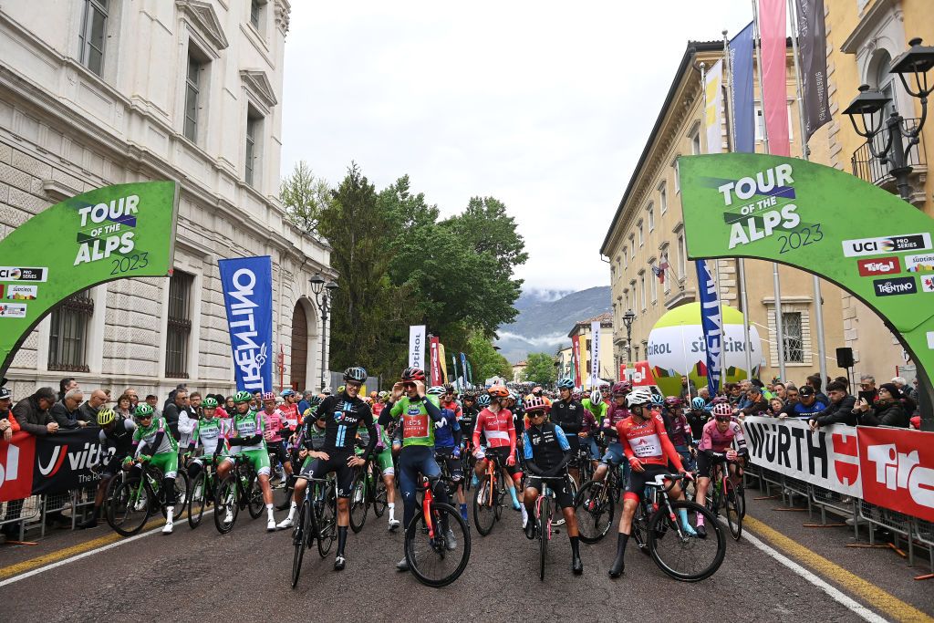 ROVERETO ITALY APRIL 20 LR Max Poole of United Kingdom and Team DSM White Best Young Rider Jersey Tao Geoghegan Hart of United Kingdom and Team INEOS Grenadiers Green Leader Jersey Alexander Cepeda of Ecuador and Team EF EducationEasypost Blue Mountain Jersey and Moran Vermeulen of Austria and Team Austria Red Points Jersey prior to the 46th Tour of the Alps 2023 Stage 4 a 1529km stage from Rovereto to Predazzo 1023m on April 20 2023 in Rovereto Italy Photo by Tim de WaeleGetty Images
