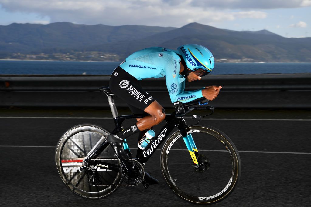 MIRADOR DE ZARO DUMBRA SPAIN NOVEMBER 03 Merhawi Kudus Ghebremedhin of Eritrea and Astana Pro Team during the 75th Tour of Spain 2020 Stage 13 a 337km Individual Time Trial stage from Muros to Mirador de zaro Dumbra 278m ITT lavuelta LaVuelta20 La Vuelta on November 03 2020 in Mirador de zaro Dumbra Spain Photo by Justin SetterfieldGetty Images
