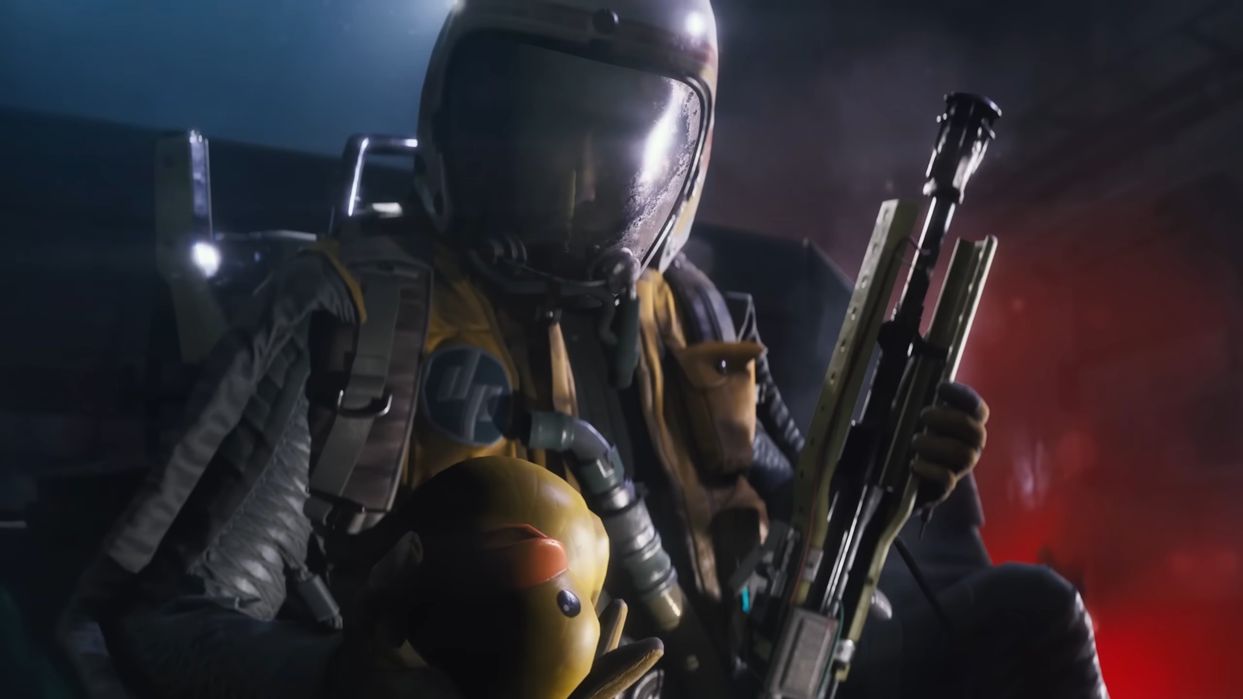 Arc Raiders character crouched behind cover with a gun and holding a rubber duck