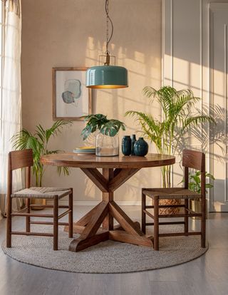 neutral dining room with wooden table and chairs, sage green pendant light, plants