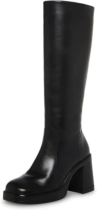 Sovanyou Schwarze Lederstiefel, kniehohe Plateaustiefel für Damen, eckige Zehenpartie, klobige Absätze, Go-Go-Stiefel, seitlicher Reißverschluss, hohe Absätze