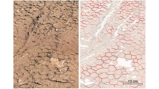 close-up photo by the curiosity rover showing hexagonal cracks in ancient martian mud