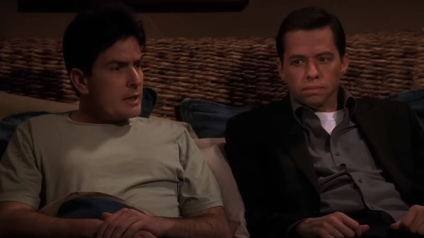 Charlie Harper (Charlie Sheen) and Alan Harper (Jon Cryer) talk in bed on Two and a Half Men