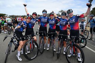 TORQUAY AUSTRALIA JANUARY 29 Race winner Ally Wollaston of New Zealand and Team FDJ Suez celebrates the victory with her teammates Elise Chabbey of Switzerland Eugenie Duval of France Amber Kraak of The Netherlands Marie Le Net of France Eglantine Rayer of France after the 2nd Surf Coast Classic 2025 Womens Elite a 1186km one day race from Lorne to Torquay on January 29 2025 in Torquay Australia Photo by Dario BelingheriGetty Images