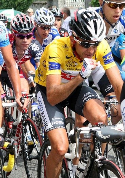 Race leader Carlos Sastre (CSC-Saxo Bank) was closely shadowed by Cadel Evans and Christian Vande Velde.