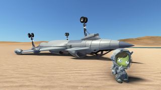 a green humanoid stands in a sandy landscape wearing a spacesuit, a finger held to her chin, looking confused. Behind her, a jet airplane lays upside down. the sky is blue.