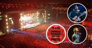 Oasis on stage at Manchester City&#039;s football ground, Maine Road. Photo of OASIS and Noel GALLAGHER, Noel Gallagher performing on stage, Union Jack Epiphone guitar. Liam Gallagher performing on stage. Inset picture of Photo passes and laminates for shows by Oasis at Maine Road (1996)