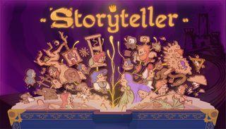 Storyteller key art featuring dozens of animated characters inside a painterly book