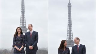 Two photos of Prince William and Kate Middleton in front of the Eiffel Tower