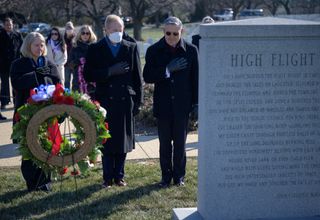 NASA Deputy Administrator Pam Melroy (left), NASA Administrator Bill Nelson and NASA Associate Administrator Bob Cabana visit the Space Shuttle Challenger Memorial during a wreath laying ceremony that was part of NASA's Day of Remembrance, on Jan. 27, 2022, at Arlington National Cemetery in Arlington, Virginia.