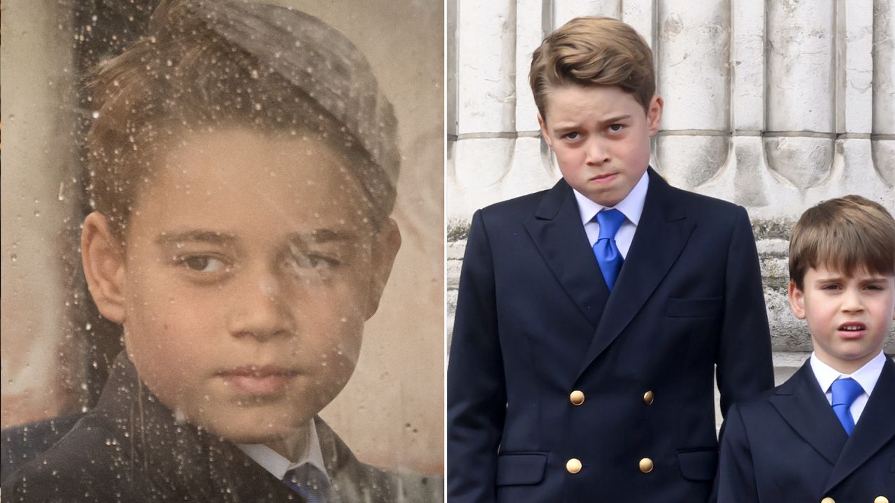 Prince George looks through a dirty carriage window and he stands on Buckingham Palace balcony wearing a suit alongside younger brother Prince Louis