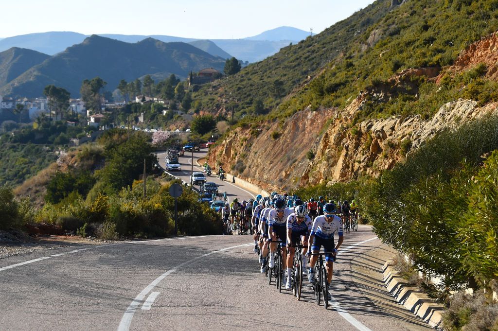 TORRENT SPAIN FEBRUARY 03 Josef Cerny of Czech Republic and Team QuickStep Alpha Vinyl and James Piccoli of Canada and Team Israel Premier Tech lead The Peloton during the 73rd Volta A La Comunitat Valenciana 2022 Stage 2 a 1715km stage from Btera to Torrent VCV2022 on February 03 2022 in Torrent Spain Photo by Dario BelingheriGetty Images