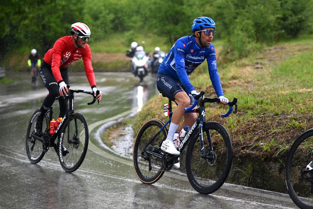 SALERNO ITALY MAY 10 Thibaut Pinot of France and Team Groupama FDJ Blue Mountain Jersey competes in the breakaway during the 106th Giro dItalia 2023 Stage 5 a 171km stage from Atripalda to Salerno UCIWT on May 10 2023 in Salerno Italy Photo by Tim de WaeleGetty Images