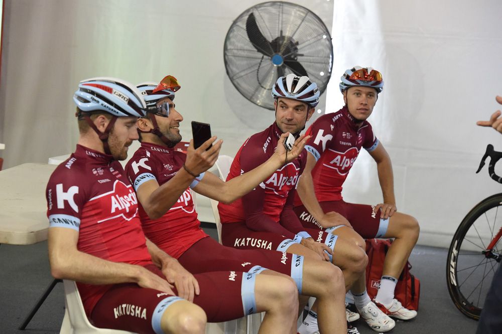 Riders show off the new Katusha-Alpecin colours