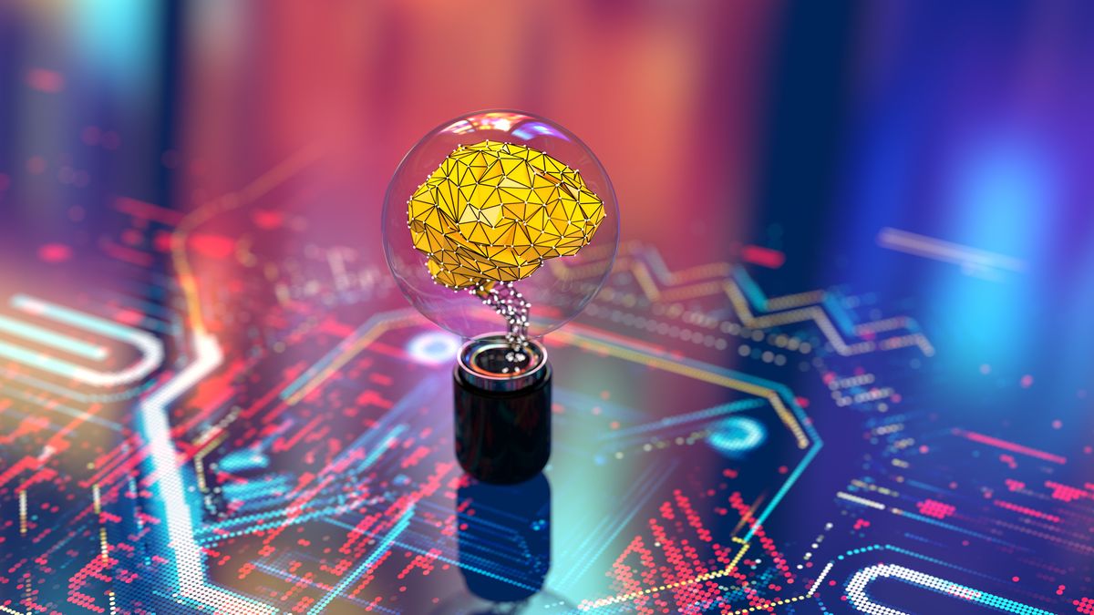 A light bulb on a red circuit board with a yellow digital brain inside