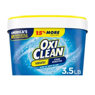 Oxiclean Versatile Stain Remover Powder in a round blue tub with white and yellow lid