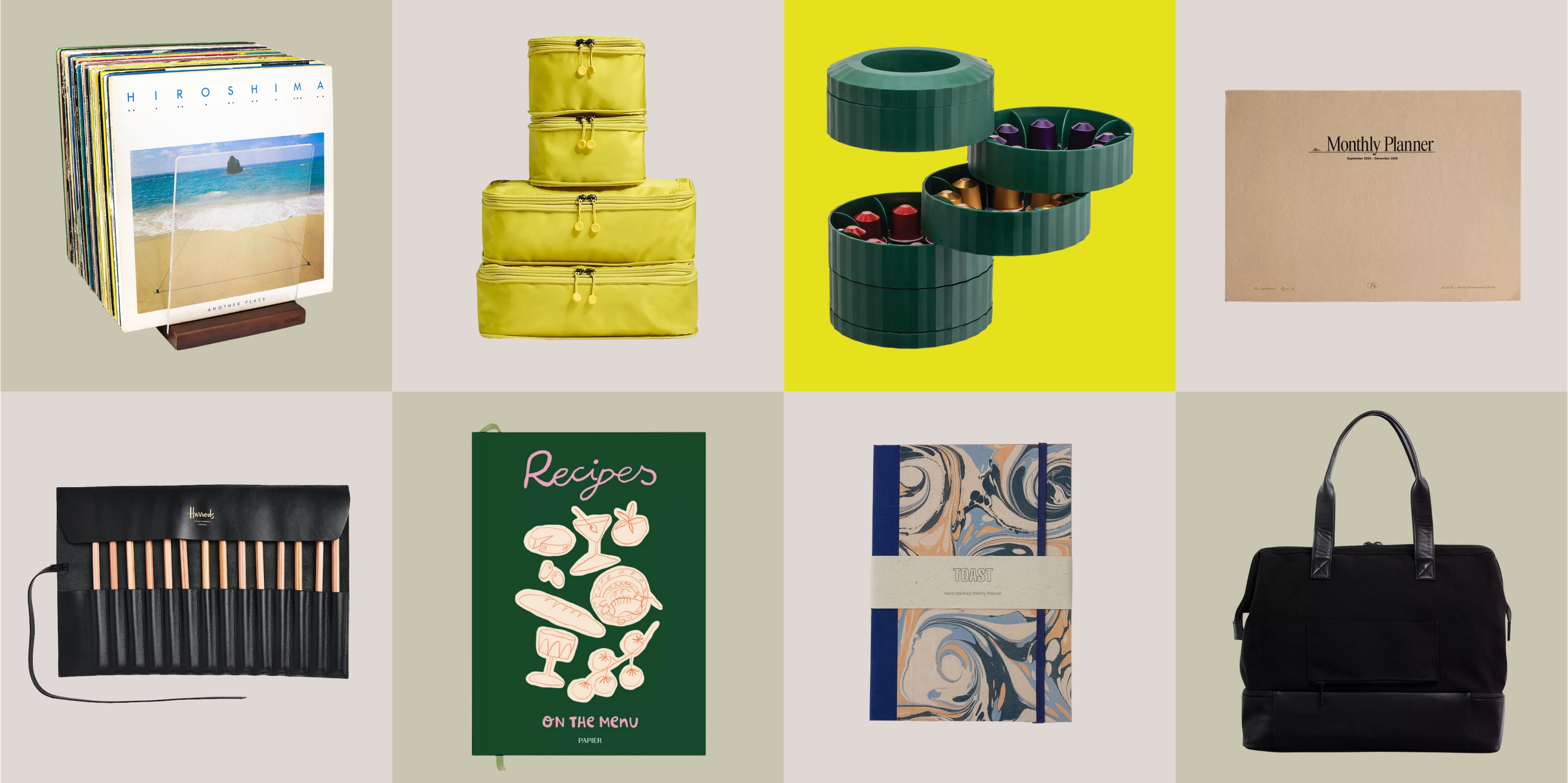 a 2x4 sage green and pink checkerboard of product boxes. Each box has a different gift idea in it related to organization and stationery.