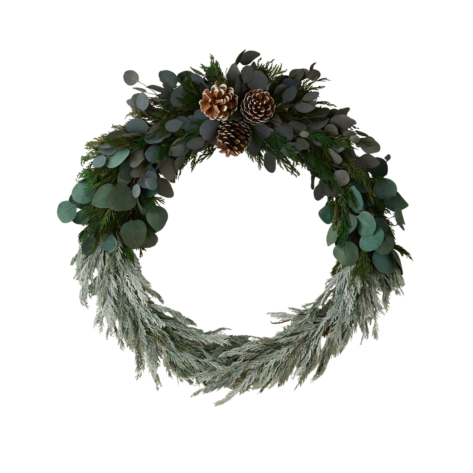 a decorative wreath with pinecones and frosted evergreen needles