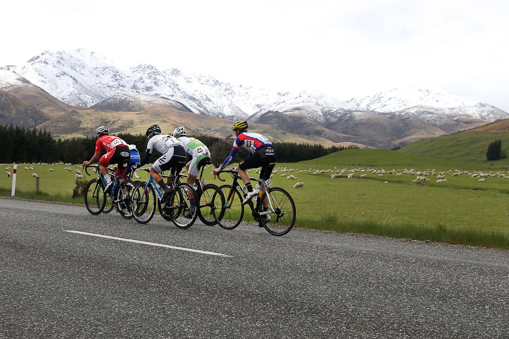 The breakaway group make their way towards Manapouri during stage three of the Tour of Southland