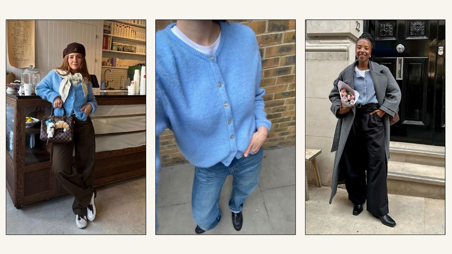 Collage of influencers wearing blue cardigans.