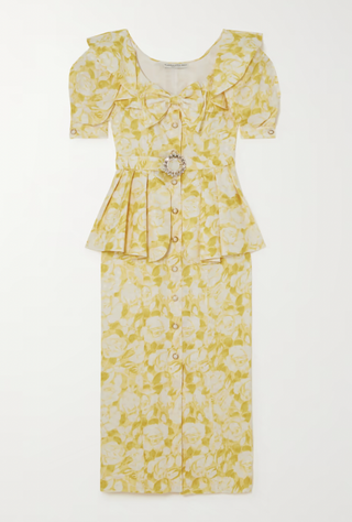 Belted floral-print silk-jacquard peplum midi dress