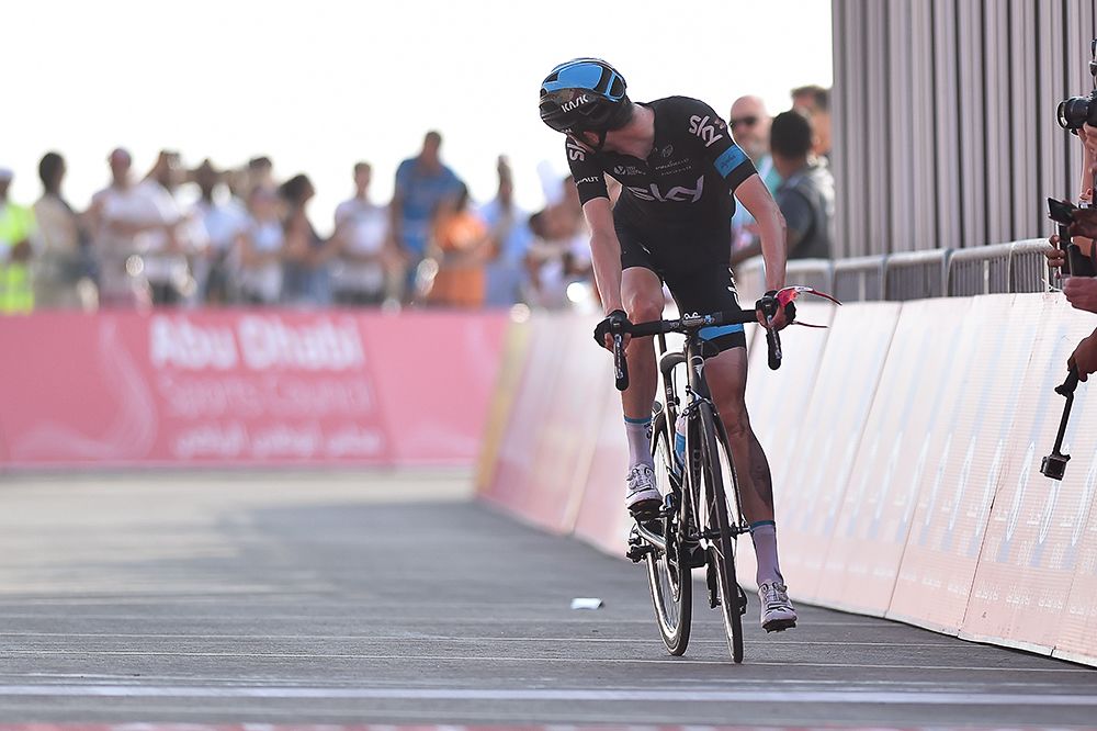 Wout Poels crosses the line after his crash.