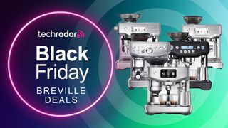 5 Breville coffee machines on a blue and green gradient background with "Black Friday Breville deals" text.