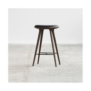 Dark wood stool with black leather seat