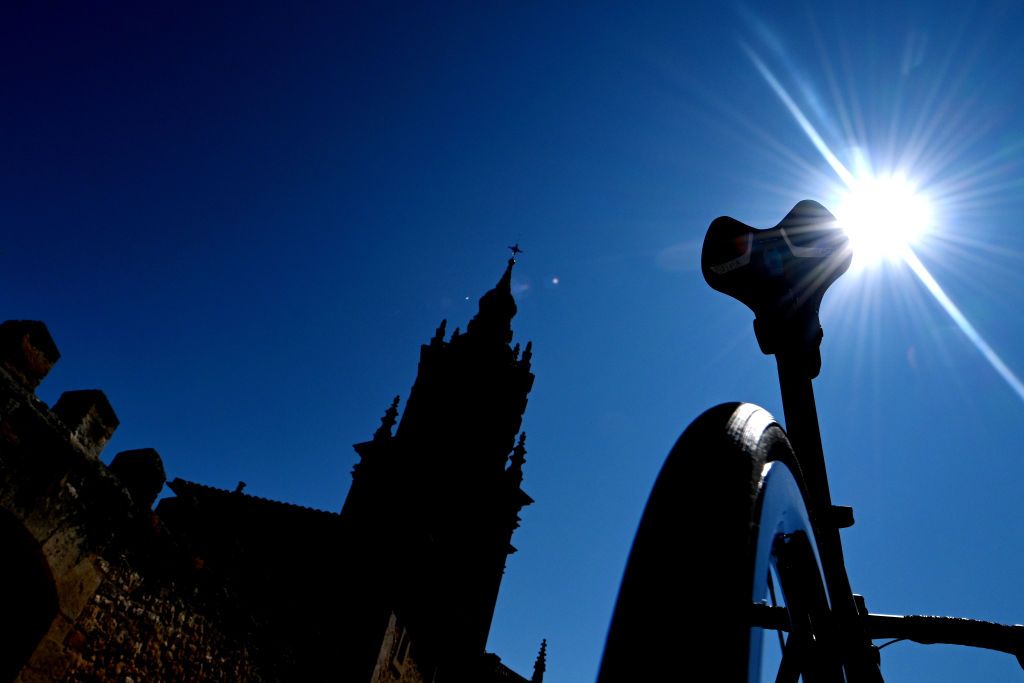 MOLINA DE ARAGON SPAIN AUGUST 17 Silhouette of Catedral de la Asuncin de la Virgen on El Burgo de Osma village at start during the 76th Tour of Spain 2021 Stage 4 a 1639km stage from El Burgo de Osma to Molina de Aragn 1134m lavuelta LaVuelta21 on August 17 2021 in Molina de Aragn Spain Photo by Stuart FranklinGetty Images