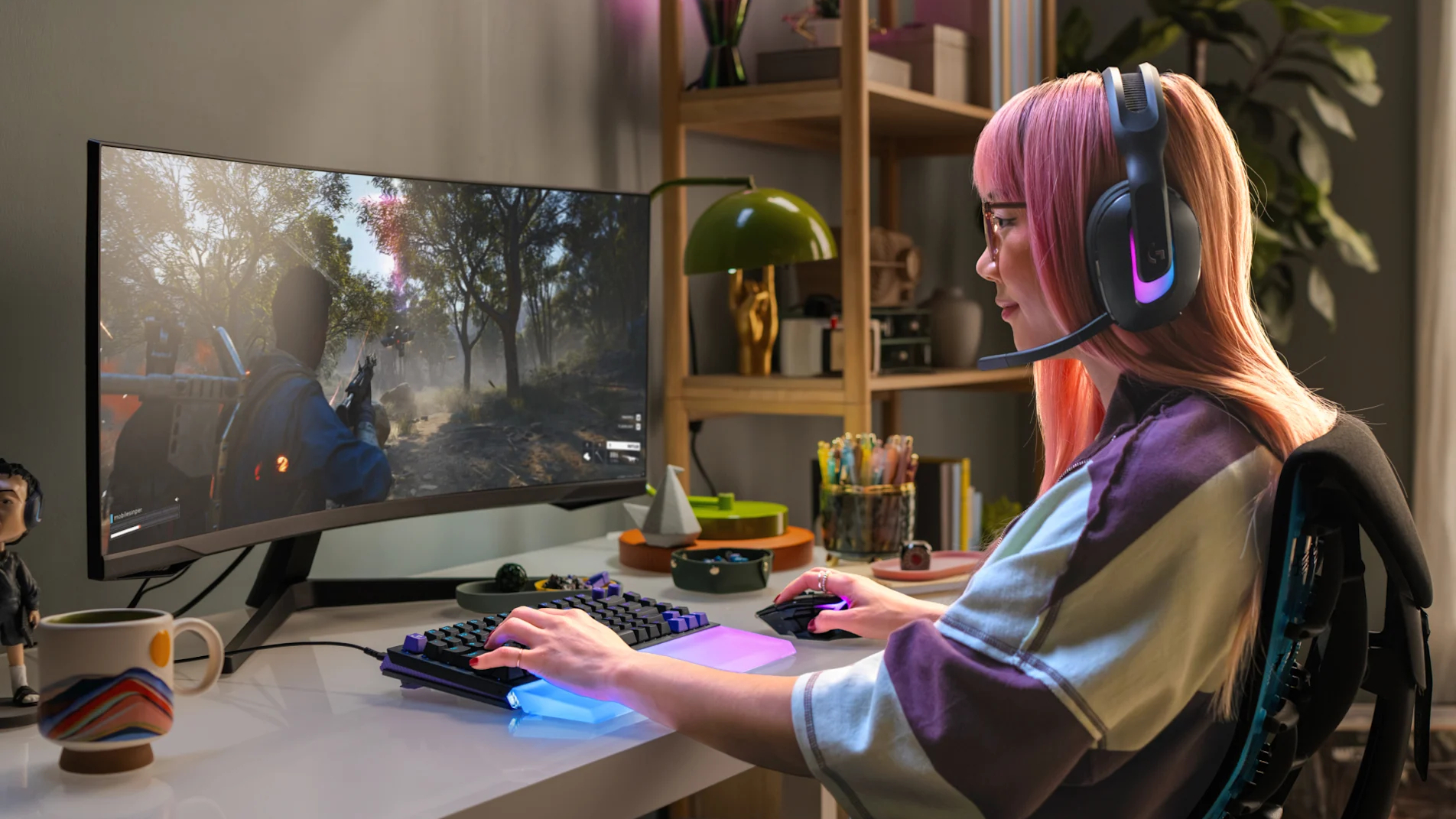 Somebody playing a first-person shooter using a Logitech G gaming keyboard.