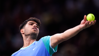 Carlos Alcaraz of Spain serves against Ugo Humbert of France in their Men&#039;s Singles Third Round match during day four of the Rolex Paris Masters 2024 on October 31, 2024 in Paris, France.