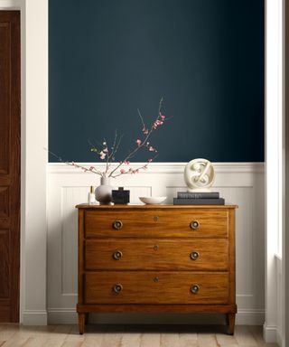 entryway with dark blue walls and white panelling and wooden dresser