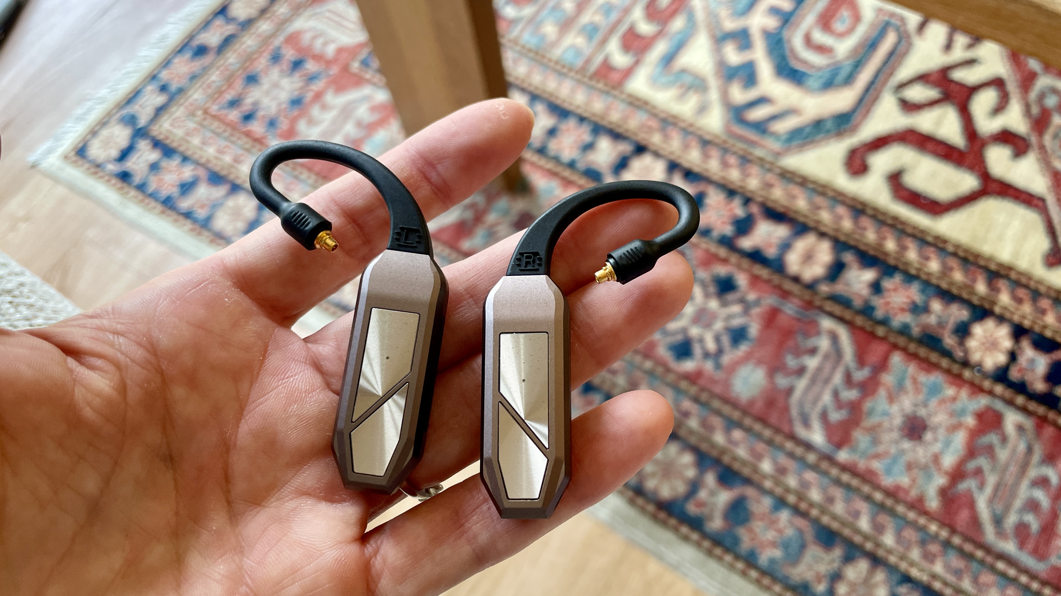 iFi Go Pod in a hand, with high-end wired earbuds and in the case, which accepts even larger earbuds