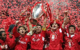 Liverpool lift the Champions League trophy after winning the 2004/05 Champions League
