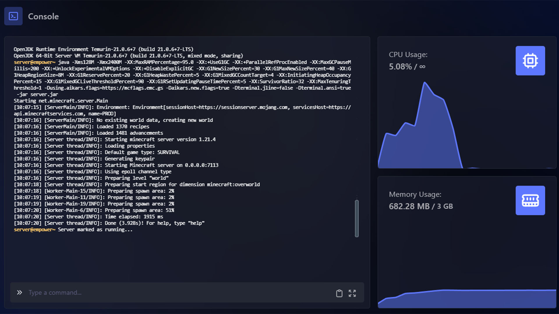 The Empower server console when a server update is underway.