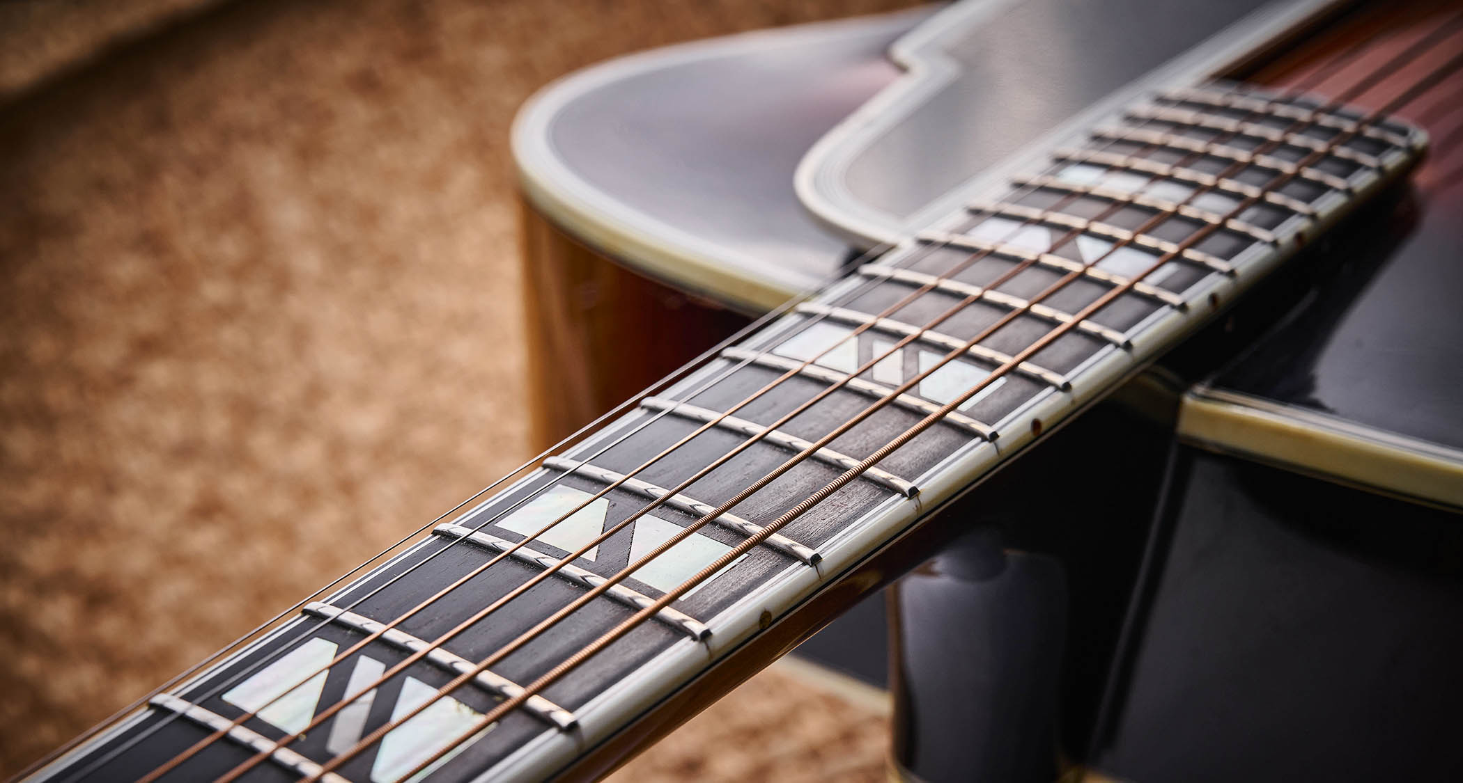 1942 D’Angelico New Yorker: the vintage archtop has a handsome brass tailpiece and decorative headstock that the NYC company would riff on in years to come.